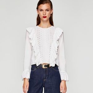 Zara white top with ruffled front and sleeves